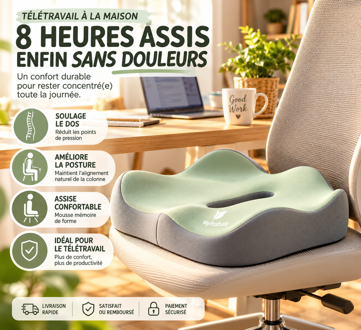 MyPosturo coussin ergonomique dans un espace chaleureux