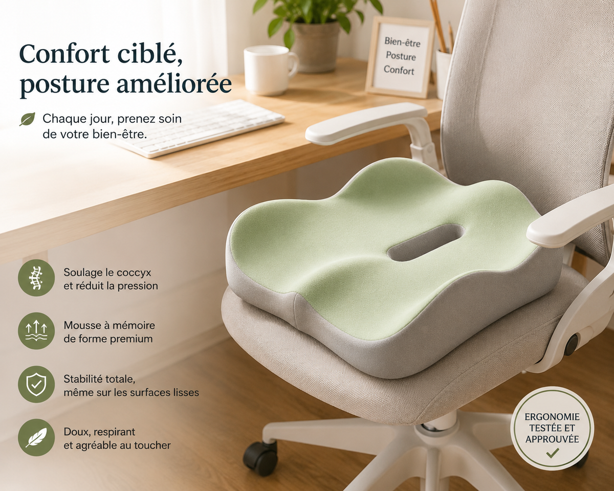 Coussin MyPosturo dans un espace de télétravail lumineux